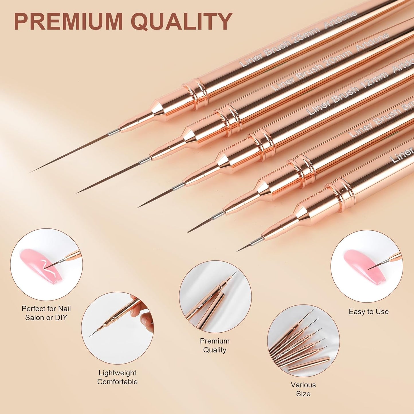Artdone Metallic Nail Art Pens, Liner Brushes Set, 5PCS Copper Color Nail Tools For Long Lines, Thin Details, Fine Drawing, Liner Brush UV Gel Polish Painting Nail Design Sizes 5/8/12/20/25mm-BrightBean Baby