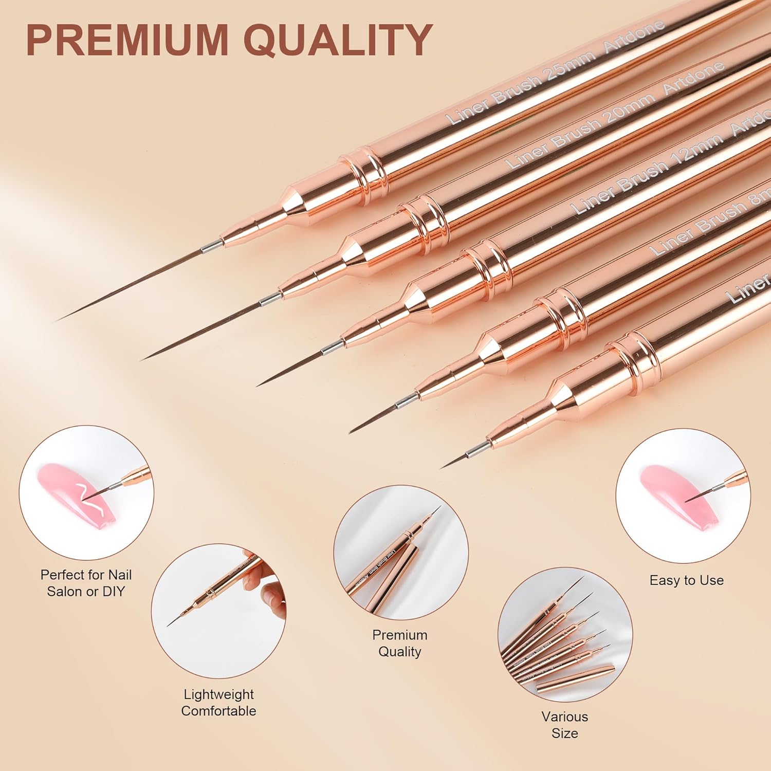 Artdone Metallic Nail Art Pens, Liner Brushes Set, 5PCS Copper Color Nail Tools For Long Lines, Thin Details, Fine Drawing, Liner Brush UV Gel Polish Painting Nail Design Sizes 5/8/12/20/25mm-BrightBean Baby
