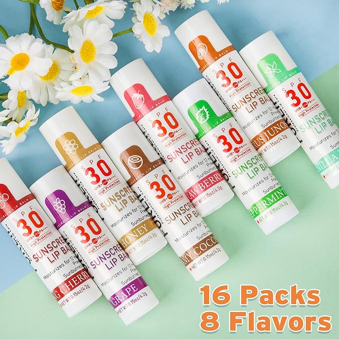SPF 30 Lip Balm with Sunscreen, SPF Lip Balm Bulk Travel Size-16 Pack, Hydrating Lip Balm Pack with Vitamin E and Coconut Oil- 8 Flavors-BrightBean Baby