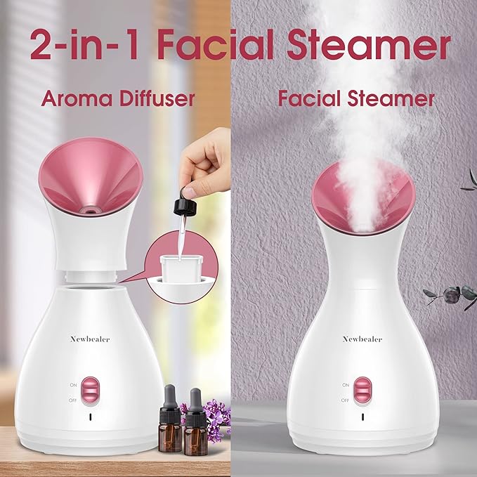 Newbealer 2in1 Facial Steamer, Hot Mist Facial Aromatherapy Humidifier Atomizer, Large Face Steamer Unclogs Pores Sinuses Moisturizing, Home Sauna Spa with Eyebrow Set (Red, 170ml)-BrightBean Baby