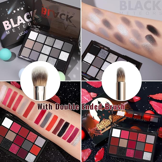 UCANBE 2pcs Halloween Eyeshadow Palette Makeup Set, Black Red Colors Shimmer Matte Metallic Smokey Dark Eye Shadow Pallet with Soft Brush Kit, Goth Eye Make Up for Costume Joker Clown Vampire-BrightBean Baby