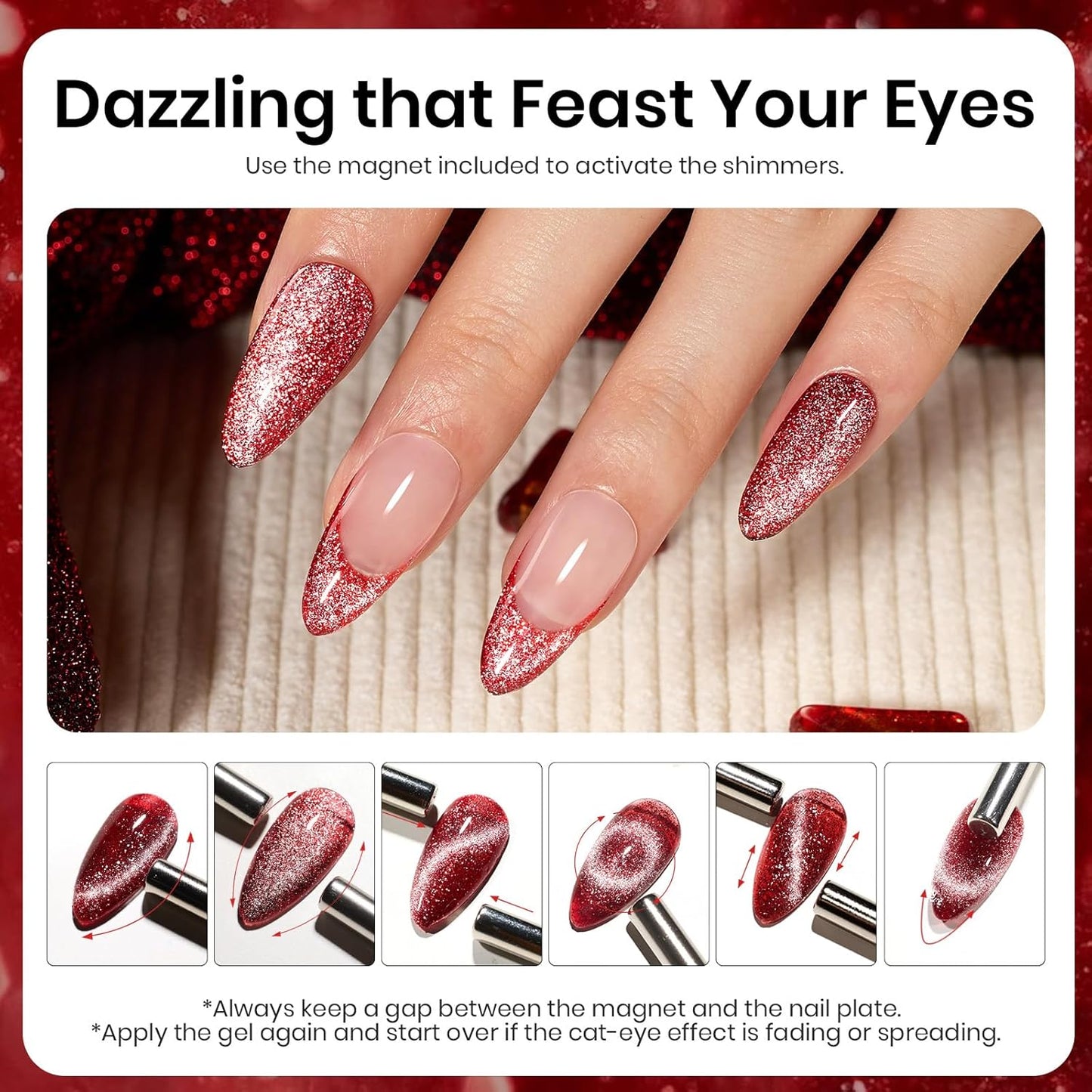 Beetles Red Cat Eye Gel Nail Polish, 15ml Glitter Nail Polish with Magnet Gel Soak Off UV LED Nail Lamp Reflective Nail Art DIY Home Manicure Design Gift for Women-BrightBean Baby