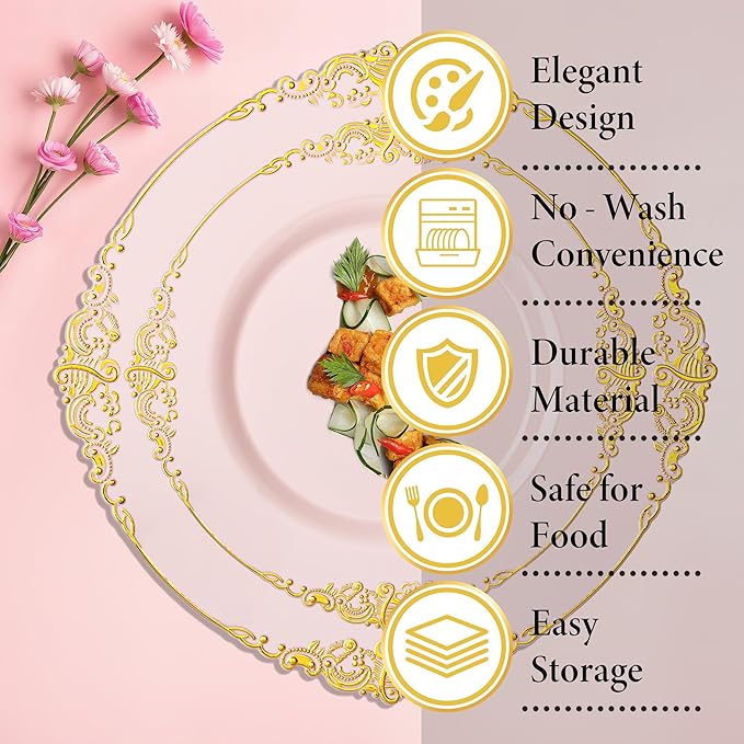 Nervure 350PCS Pink Plastic Plates - Pink Dinnerware Sets for 50 Guests - 100 Disposable Plates, 150 Gold Plastic Silverware, 50 Cups, 50 Napkins for Wedding & Party