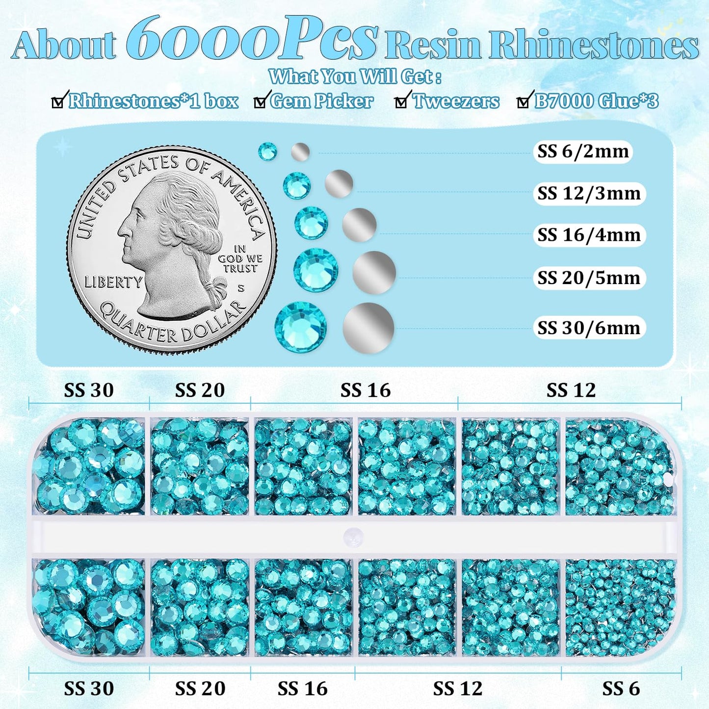 6000Pcs Resin Rhinestones for Bedazzling with 3Pcs B7000 Jewelry Glue, 1 Box Teal Blue Flatback Rhinestones for Crafting Crafts DIY, Crystals Gems for Clothing Shoes Tumblers Nail Art Makeup-BrightBean Baby