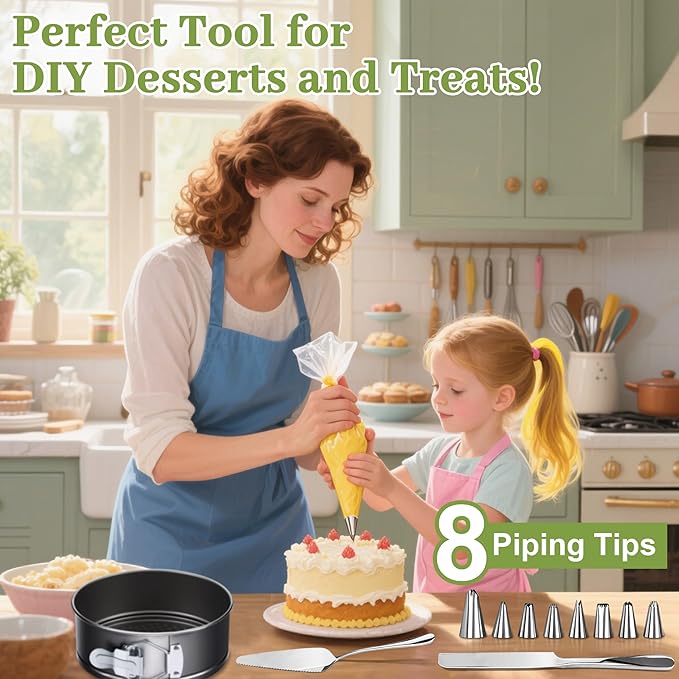 139PCS Springform Cake Pan Set - 4 Non-stick Cheesecake Pans(4/7/9/10-Inch) + Cake Decorating Supplies: Parchment Paper, Pastry Bags and Tips, Icing Scrapers, Cake Cutting Set & More!