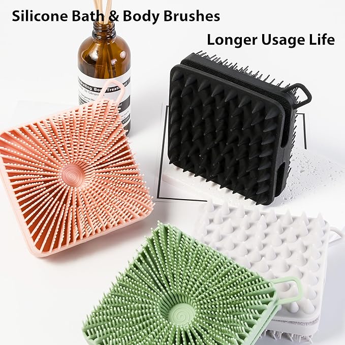 2 PC Silicone Exfoliating Body Scrubber, Silicone Body Shampoo Brush, Soft Silicone Loofah for Sensitive Skin, Shower Silicone Hair Scalp Massager, Easy to Clean, Lather Well(Gray&Pink)-BrightBean Baby