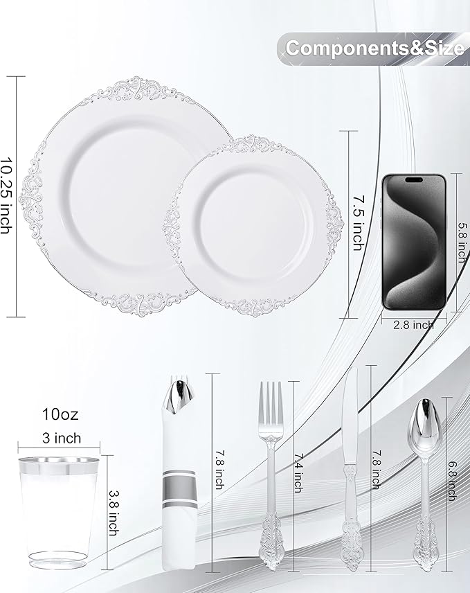 Nervure 350PCS Silver Plastic Plates - Silver Plastic Dinnerware Sets for 50 Guests - 100 Disposable Plates, 150 Silverware, 50 Cups, 50 Napkins for Wedding & Party