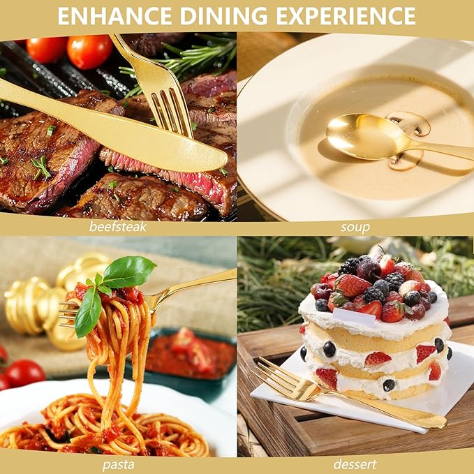 150 PCS Gold Plastic Silverware - Gold Plastic Flatware Disposable - Heavy Duty Disposable Utensils Sets Includes 50 Forks, 50 Spoons, 50 Knives for Thanksgiving Party Wedding