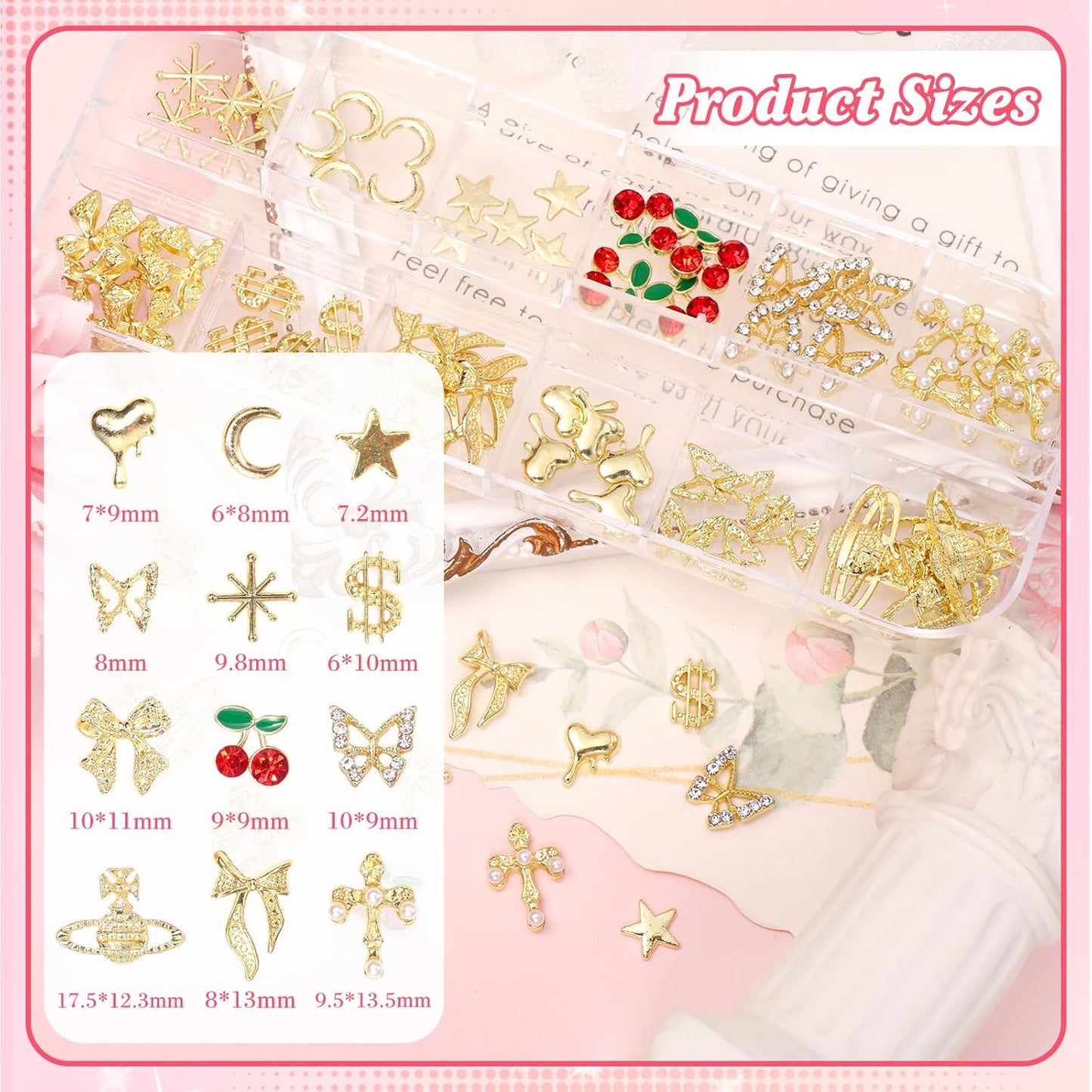2 Boxes Alloy Gold Nail Charms, 3D Butterfly Star Cherry Nails Gems Charms, Mixed Shapes Golden Bows Heart Star Nail Studs Gold Flatback Pearls Beads for Nails Art Design DIY Accessories-BrightBean Baby
