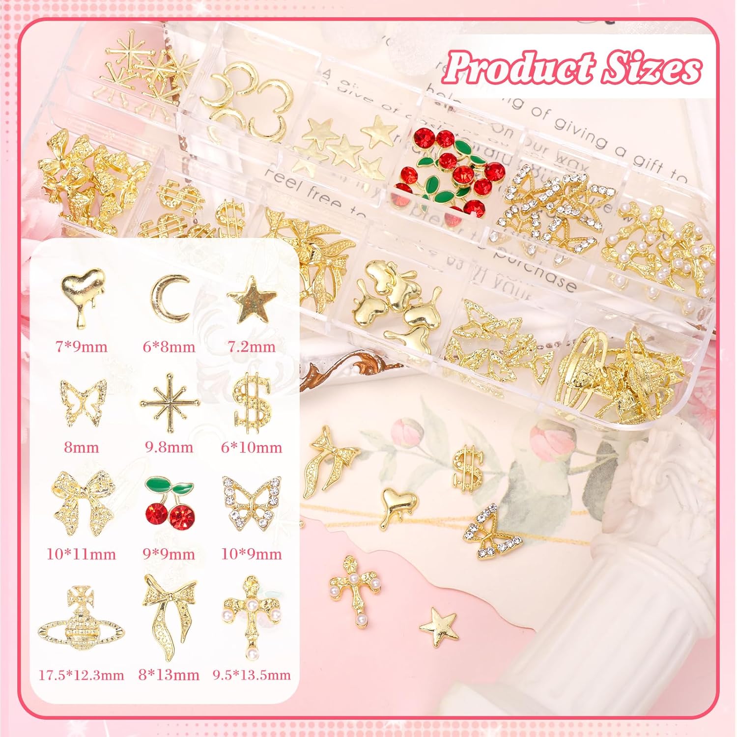 2 Boxes Alloy Gold Nail Charms, 3D Butterfly Star Cherry Nails Gems Charms, Mixed Shapes Golden Bows Heart Star Nail Studs Gold Flatback Pearls Beads for Nails Art Design DIY Accessories-BrightBean Baby