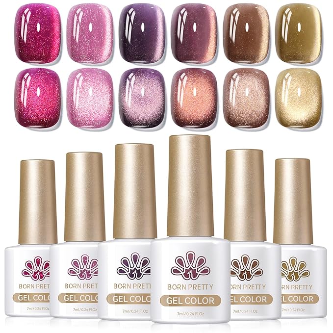 Born Pretty Cat Magnetic Eye Gel Nail Polish, Fall Winter Jelly Glass Magnetic Gel Polish, Purple Brown Pink Nude Glitter Soak Off Nail Art Salon Manicure Home Gift 7ml 6pcs-BrightBean Baby
