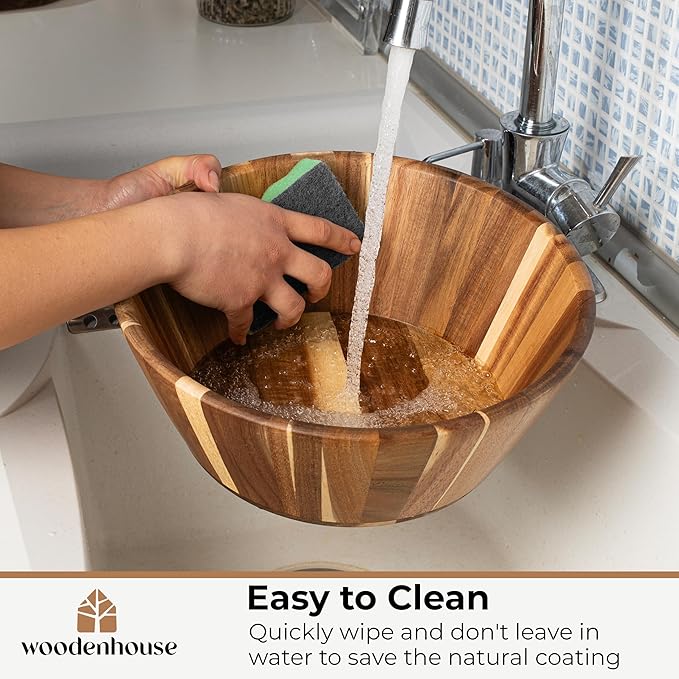 Woodenhouse Wooden Salad Bowl, Salad Bowl, Wooden Bowl - 12" Round Design Fruit Bowl, Handmade, Durable and Stylish Natural Wood Dining Accessory