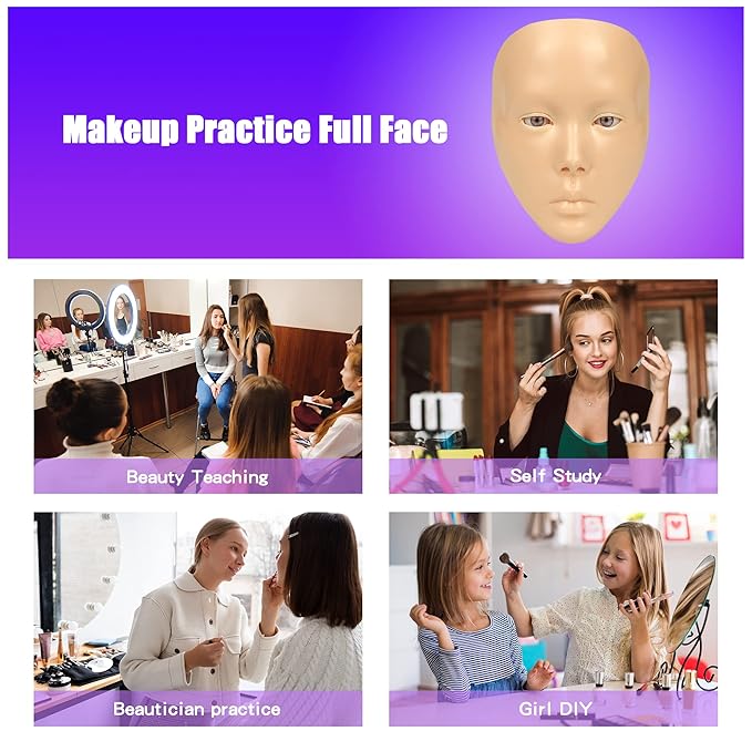 Makeup Practice Mannequin Face, 5d Reusable Silicone Makeup Practice Board Full Face with Makeup Brushes Sponge Set and Eyeshadow Board Makeup Kit for Makeup Artist, Girl's Gift Or Professionals-BrightBean Baby
