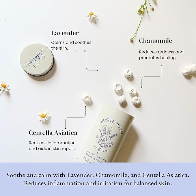 3-in-1 Solid Facial Cleanser, Exfoliator, and Wash-off Mask - Vegan, Cruelty-Free, Plastic-Free, Travel-Friendly, 1 Month Supply (60 Crushable Tablets) in Tin (Calming Beans in Tin)-BrightBean Baby