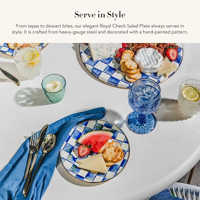 MACKENZIE-CHILDS Enamel Salad and Dessert Plate, Small Plate for a Dessert or Appetizer Dish, 8 Inches, Blue-and-White Royal Check