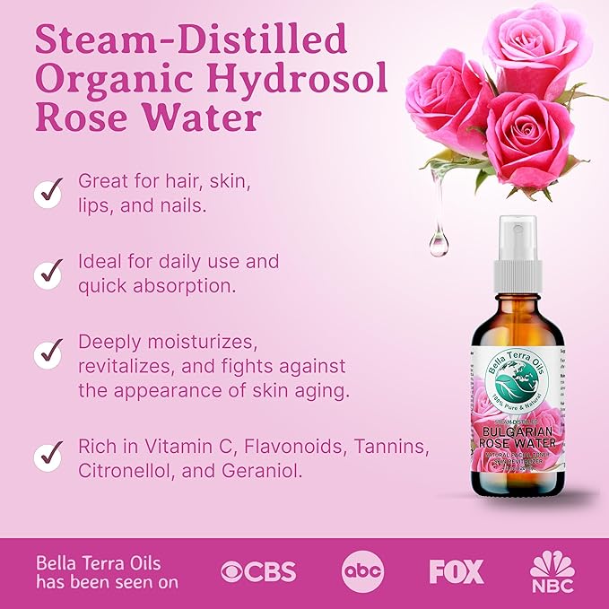 Bella Terra Oils - Rosewater Spray 16 oz - Embrace The Timeless Beauty of Pure Organic Rose Water, Ideal for Skin & Hair, Immerse in Natural Rose Fragrance-BrightBean Baby