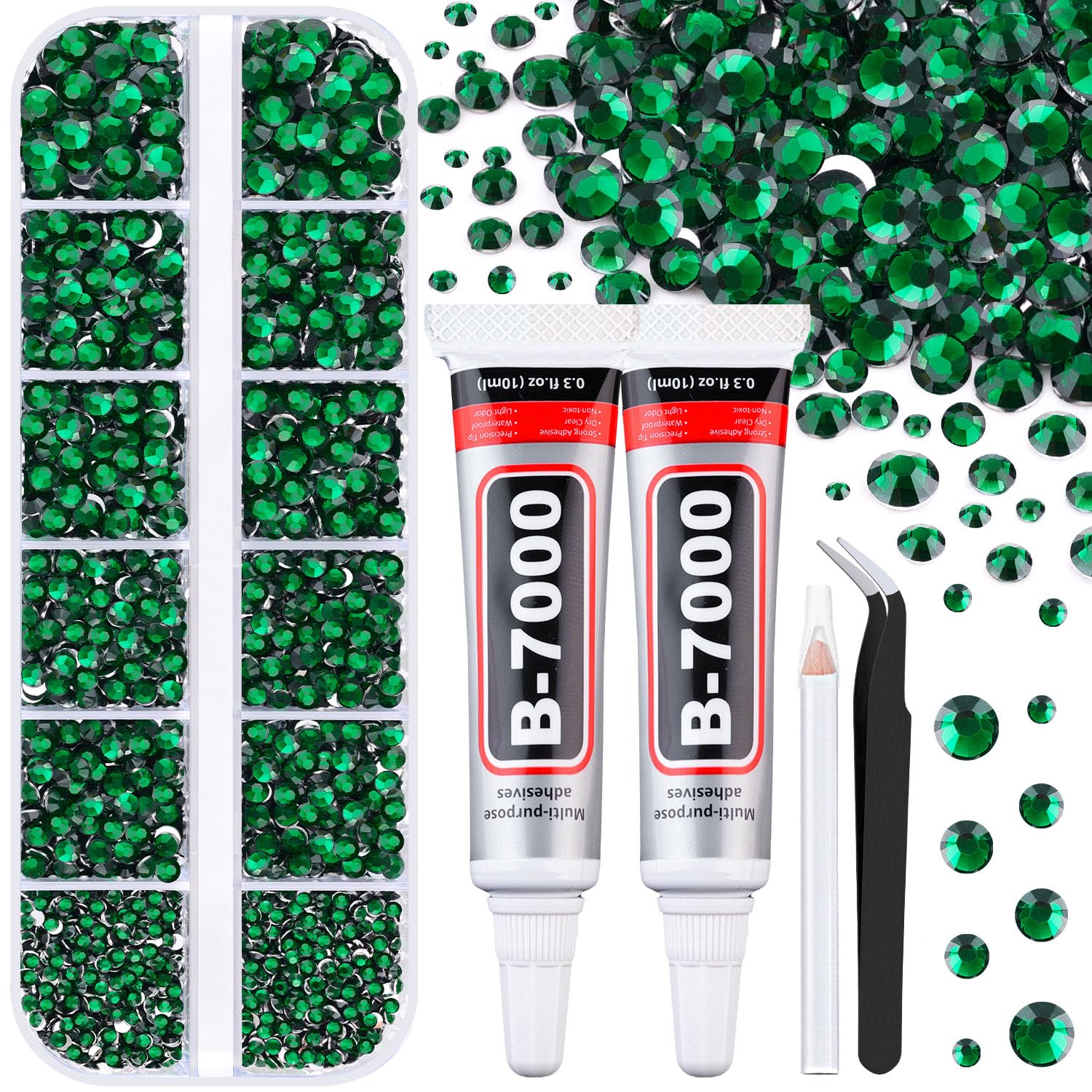 6100Pcs Resin Rhinestones for Crafting with 2Pcs 10ml B7000 Jewelry Glue, 1 Box Flatback Crystals Diamond (Emerald Green) for Bedazzling Crafts DIY Nail Art Non Hotfix Gems for Clothing Shoes-BrightBean Baby
