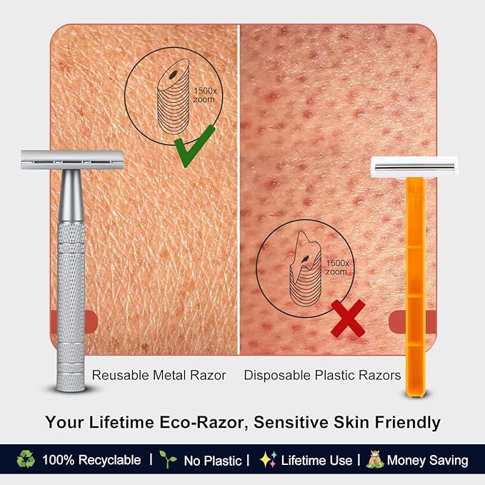 Double Edge Safety Razor with Stand, Single Blade Razors for Men and Women, Reusable Metal De Razor, Men's Safety Shaving Razors with 10 Double Edge Blades, Smooth and Close Shave, Matte Silver-BrightBean Baby