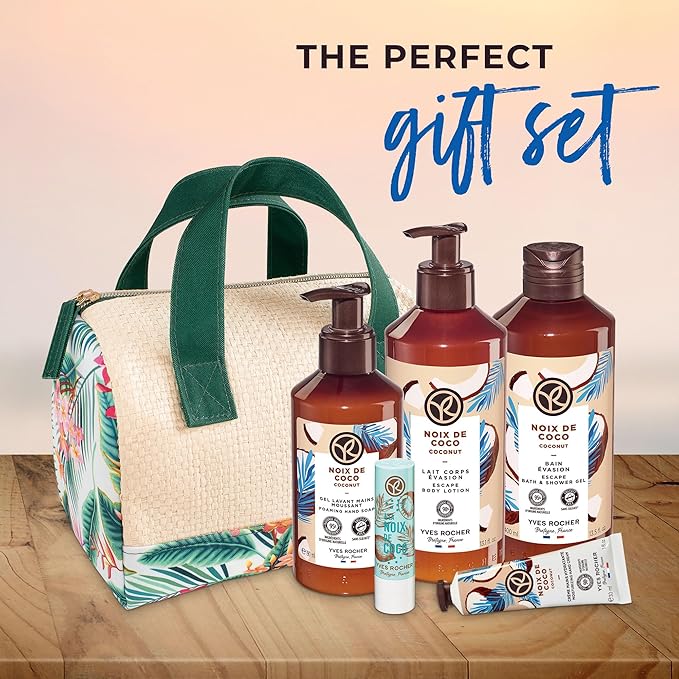 Yves Rocher Bain de Nature Coconut 6-Piece Gift Set, Shower Gel, Hand Cream, Body Lotion, Lip Balm, Hand Soap & Vanity Bag, 6 Items-BrightBean Baby