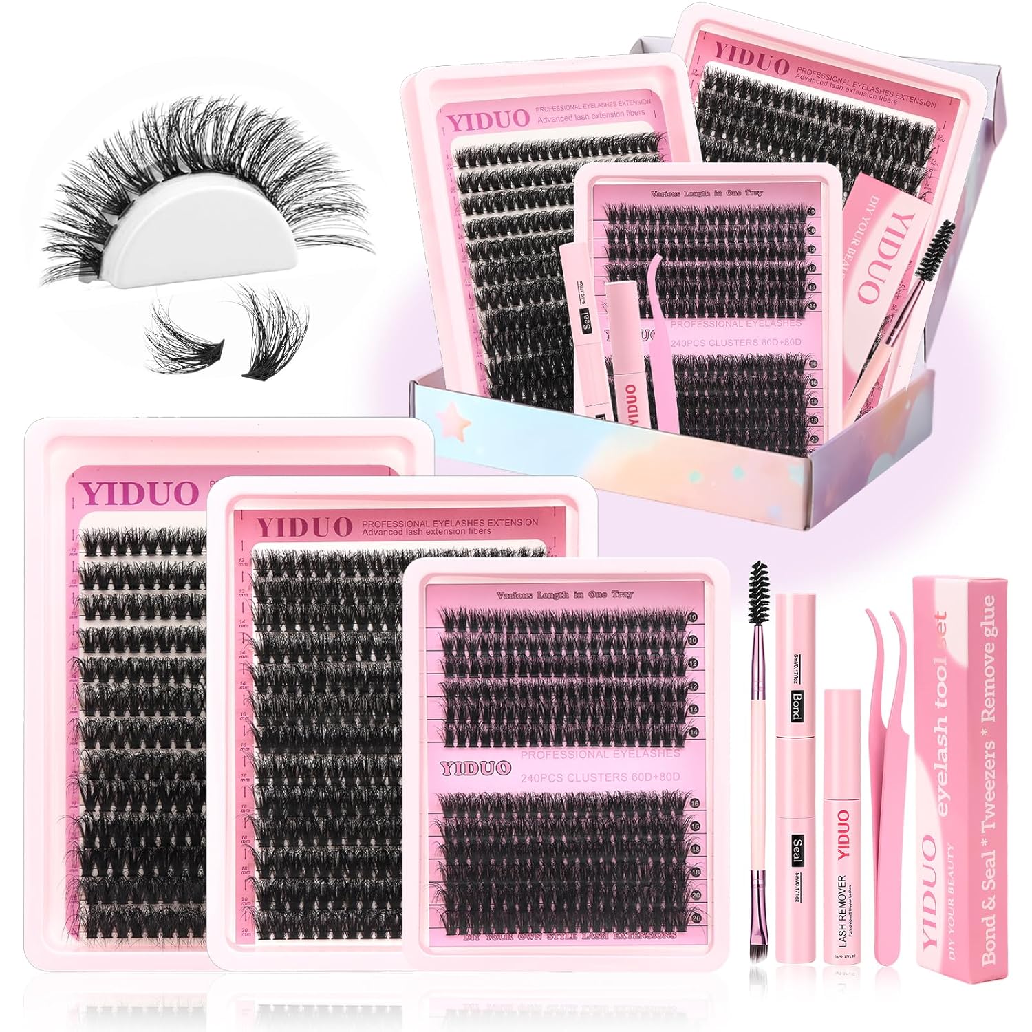 Lashes Clusters Kit Gift Packs 3 Styles 760Pcs with 2X Bond&Seal Volume Soft False Eyelash Extension 80D+100D D Curl Wispy Natural DIY Individual Fake Eyelashes Box for Beginners Bulk Pack-BrightBean Baby
