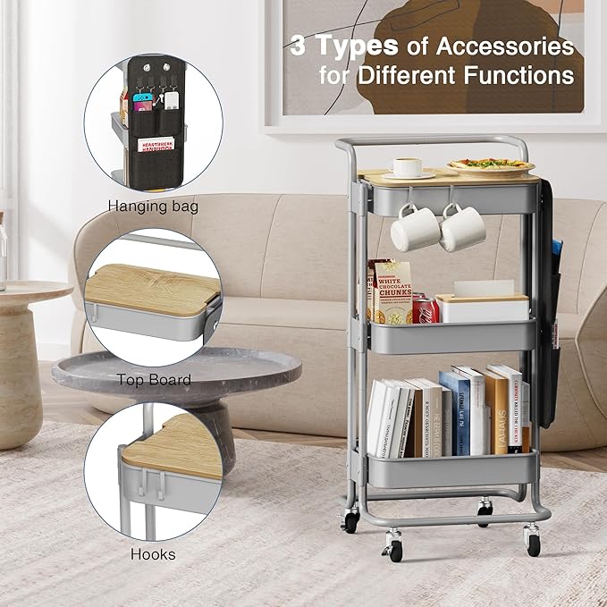 DTK 3 Tier Metal Utility Rolling Cart with Table Top and Side Bags, Tray Storage Organizer Wheels, Art Craft 4 Hooks for Kitchen Bathroom Office Living Room(Grey)-BrightBean Baby