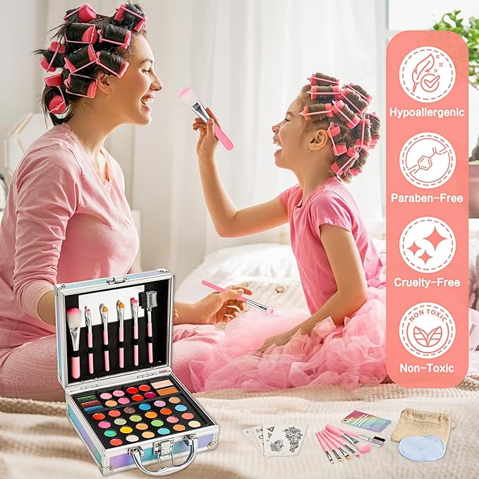 Anpro All-In-One Makeup Carry Case with Pro Teen Makeup Set, Full Starter Cosmetics Kit with Makeup Brushes, Eye Shadows Palette, Blushes, Glitter Gel, Temporary Tattoo Stickers - Blue-BrightBean Baby