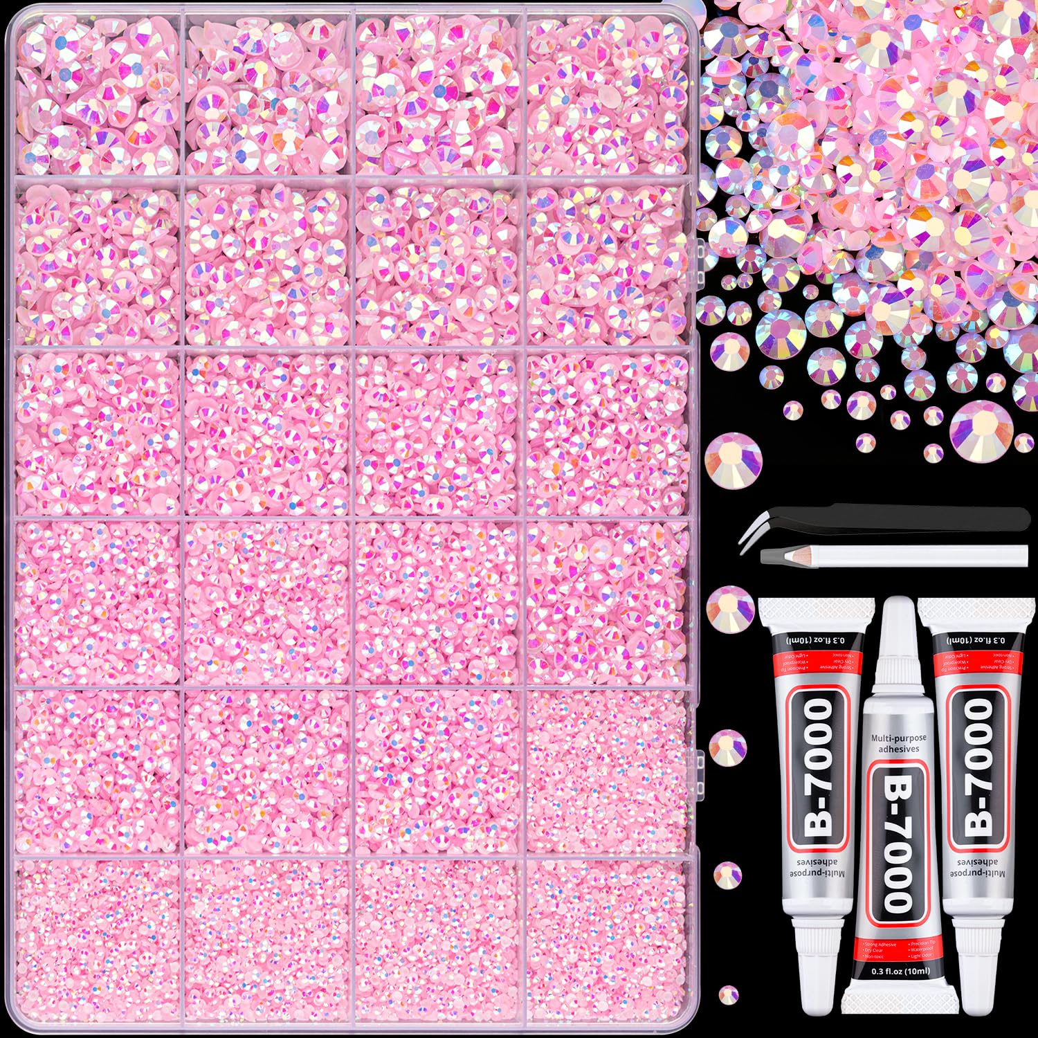 30000Pcs Resin Jelly Rhinestones with Tweezers for Crafting, Light Pink AB Flatback Gems, Bedazzling Crystal with 3Pcs 10ml B7000 Jewelry Glue for DIY Crafts Clothing Tumblers Shoes Fabric Nail Art-BrightBean Baby