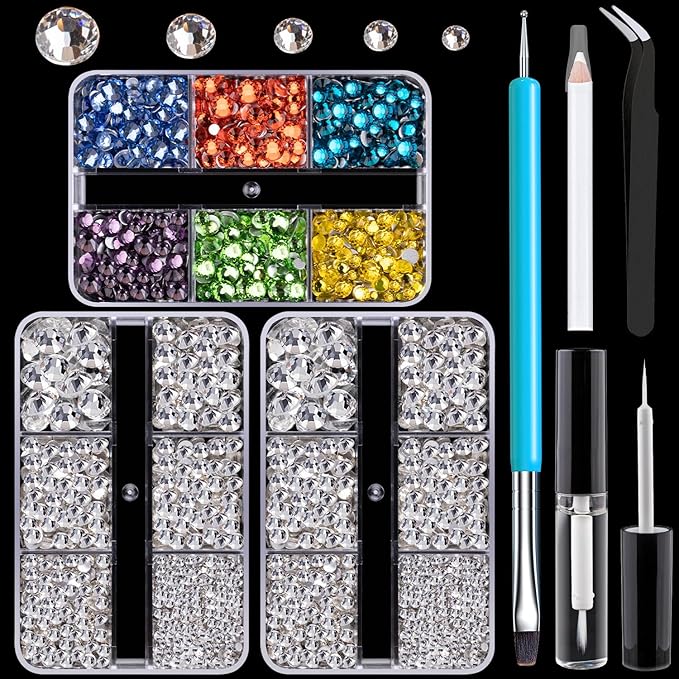 Colorful Face Gems for Makeup Set, Clear Glass Gems+Mixed-Colored Crystals with Picker Pencil, Makeup Glue, Dual-End Dotting Tool, Tweezer for Eye Body Hair Make-up and Nail Art Deco-BrightBean Baby