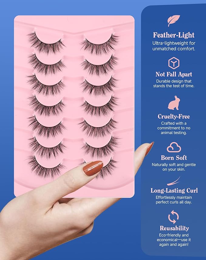 Lashes Natural Wispy Look Flared False Eyelashes Soft Strip Lash Fluffy Eyelash 7 Pairs D79-BrightBean Baby