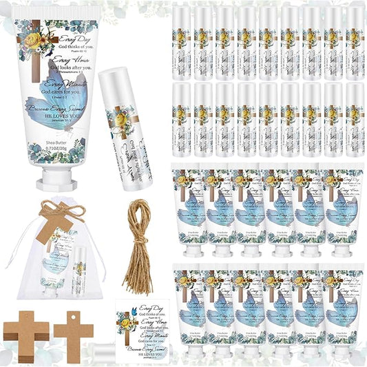 144 Pcs Christian Lip Balm Hand Cream Set Party Favors, Include 36 Bible Lip Balm 36 Moisturizing Hand Cream 36 Bags 36 Cards and Ropes for Accessories Gifts (Biblical, Cross)-BrightBean Baby