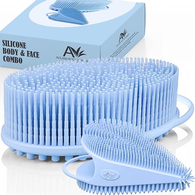 Avilana Silicone Body Scrubber – Gentle Shower Brush & Loofah Alternative- Food Grade & Lab Tested – Fast-Drying, Hygienic, BPA-Free Silicone Body Gentle Exfoliator (Blue, Body & Face)-BrightBean Baby