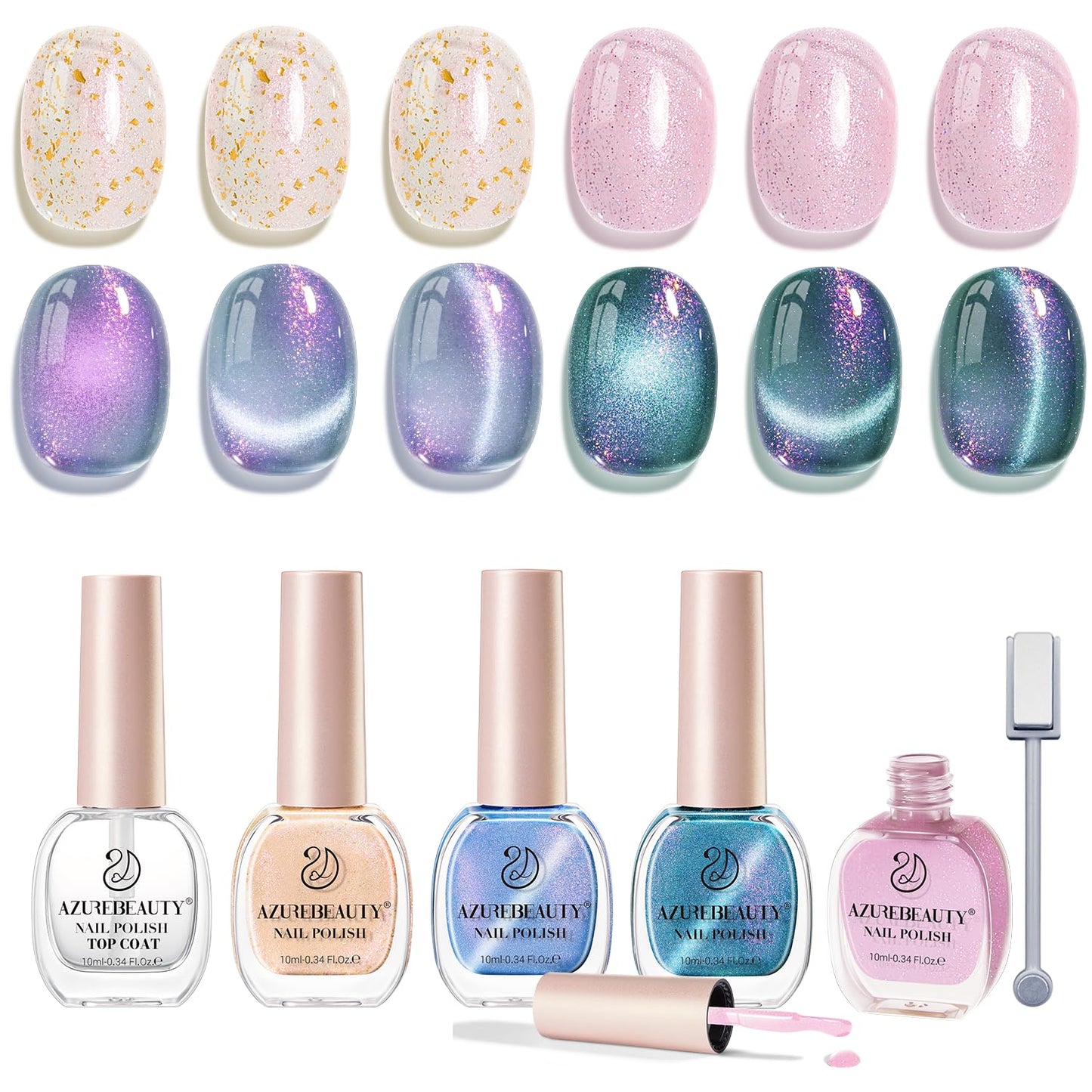 AZUREBEAUTY Magnetic Cat Eye Nail Polish Set – 2 Cat Eye & 2 Glitter Colors with Top Coat, Chrome Shimmer Gel Effect, Quick Dry Long Lasting DIY Nail Kit for Salon Home-BrightBean Baby