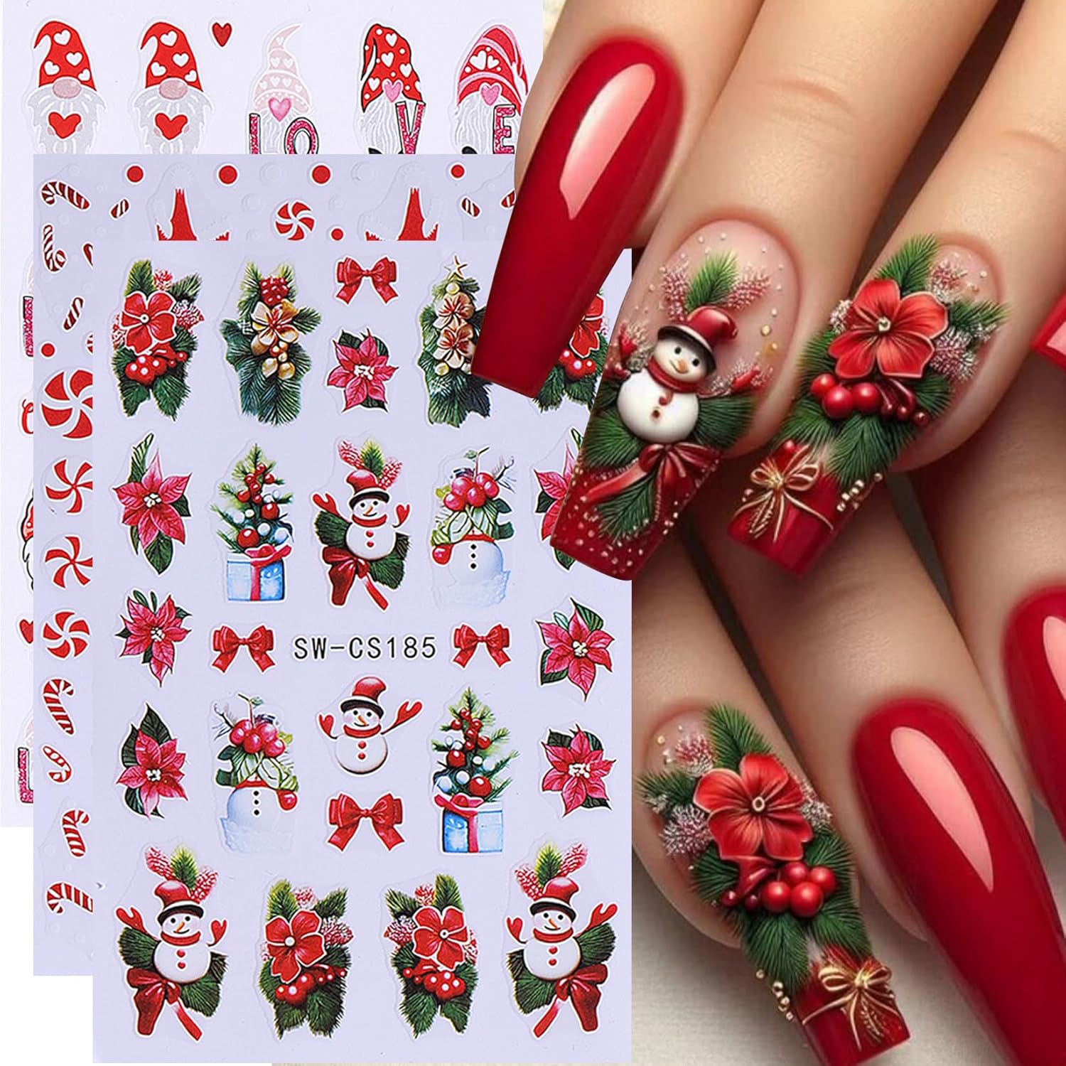 Christmas Nail Art Stickers Decals 16PCS 3D Self-Adhesive New Year Sticker for Nail Art Santa Claus Tree Elk Snowman Gonks Red Designs DIY Xmas Winter Decor Nail Art Supplies for Women Girls-BrightBean Baby