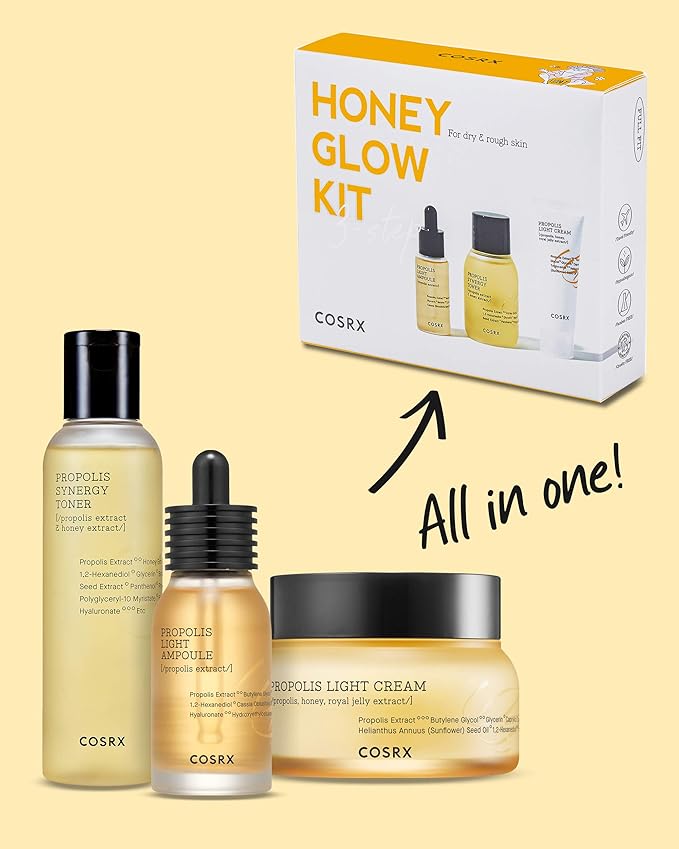 COSRX Honey Glow Kit | Facial Toner, Serum, Cream with Propolis Extract | Deep Moisture, Hydration, Nourishment | Travel Size Set, Gift Set, Korean Skincare, Not Tested on Animals, Paraben Free-BrightBean Baby