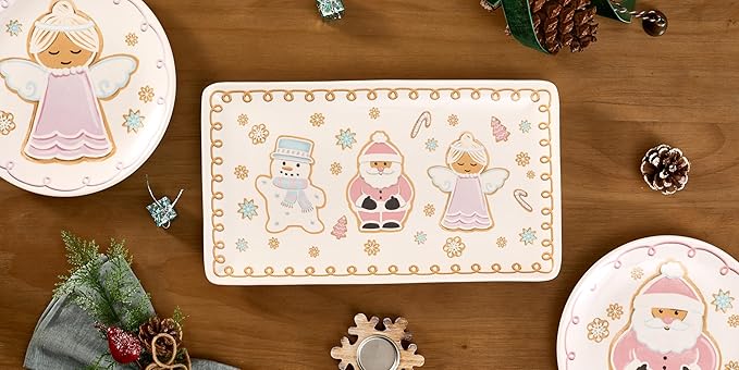 Bico Pastel Gingerbread Man Ceramic 14 inch Rectangular Serving Platter, Set of 2, for Serving Salad, Pasta, Cheese, Ham, Appetizer, Microwave & Dishwasher Safe