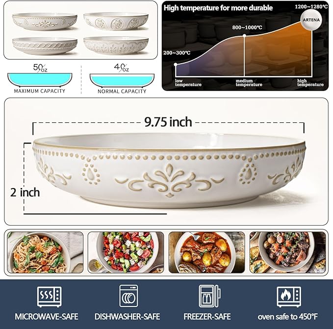 Artena Pasta Bowls, 50oz Large Salad Serving Bowls, 9.75'' Plates Bowls Set of 4, Big White Ceramic Soup Bowls for Kitchen, Embossment Shallow Dinner Bowl, Microwave Dishwasher Safe, Multiple Patterns