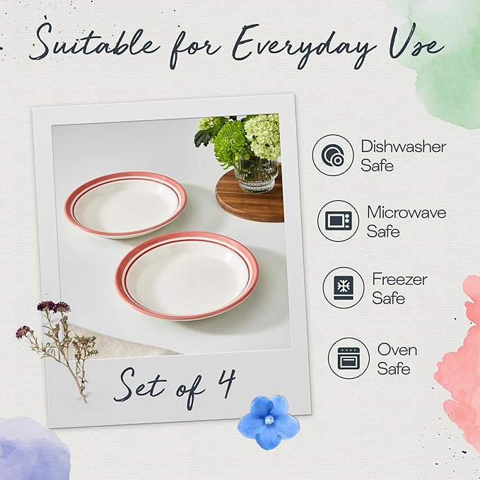 Portmeirion Potter's Stripe 8" Dinner Plate (Set of 4) - Handcrafted Earthenware Plates with Accent Rim, Microwave & Dishwasher Safe - Ideal Tableware for Modern & Traditional Dining (Red Stripe)