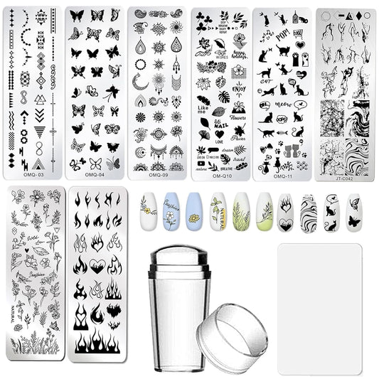 AddFavor Nail Stamper Kit 8pcs Stamping Plates Minimalist Geometric Lines Leaf Image Template for DIY Decorating Polish Gel Plate Print Stamper Manicure Stencils Tools (Mixed-Style D)-BrightBean Baby