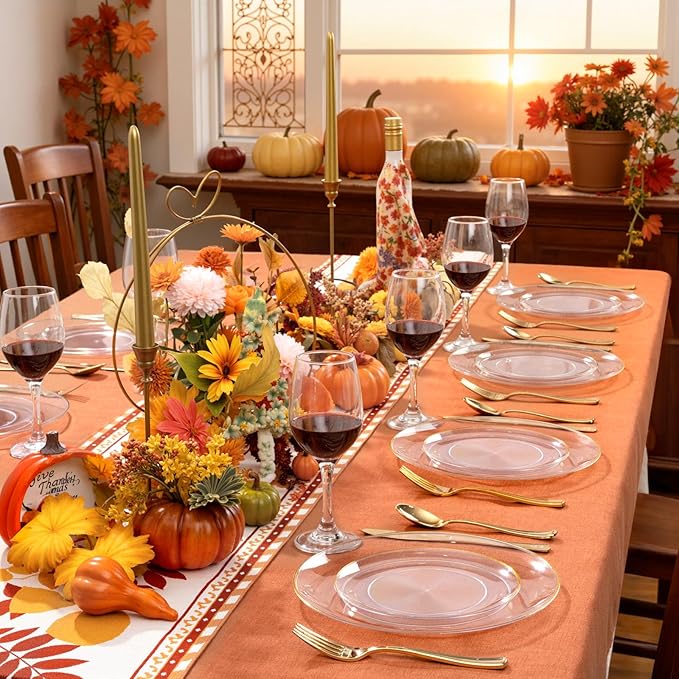 bUCLA 100PCS Clear and Gold Plastic Plates - Clear Disposable With Gold Rim Include 50 Each (10 inch Dinner & 7 inch Dessert) Plates, Ideal for Party & Thanksgiving