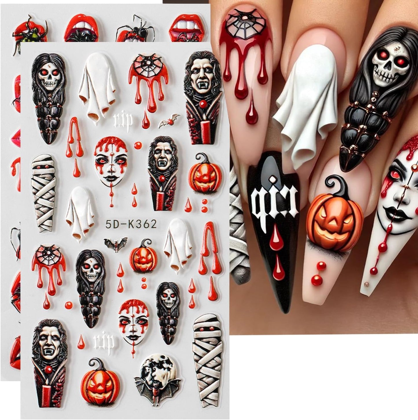 2 Sheets Halloween Nail Art Stickers 5D Embossed Horror Ghost Nail Stickers Big Red Lips Pumpkin Devil's Flame Eye Bat Design Terror Spider Mummy Nail Decals for Women Acrylic DIY Nail Decorations-BrightBean Baby