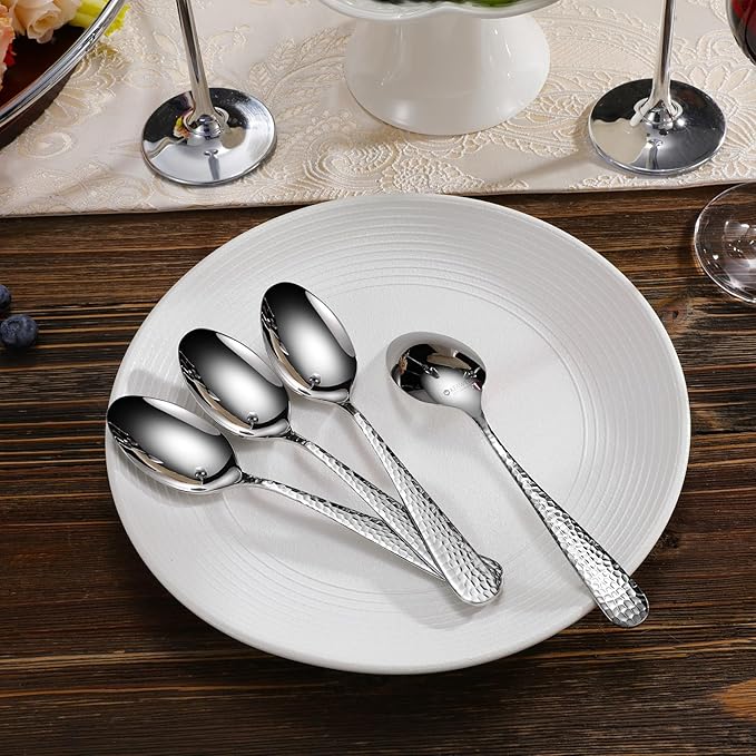 KEAWELL Premium 4-Piece Louise Hammered Spoons Set, 18/10 Stainless Steel, Set of 4, Fine Spoon Set with Round Edge, Dishwasher Safe (7.6" Dinner Spoons)