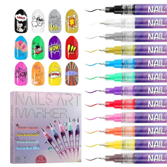 12 Color Acrylic paint pen Set, Kalolary Nail Polish Pens Nail Point Graffiti Dotting Pen Drawing Painting Liner Brush for DIY Nail Art Beauty Adorn Manicure Tools-BrightBean Baby