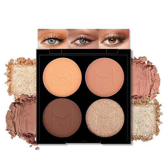 Erinde Quads Matte Eye Shadow Powder Makeup Palette, Nude Neutral Brown & Champagne Pink Shimmer Eyeshadow, Long Wearing Waterproof Everyday Eye Makeup, sombras de ojos, with Built-In Mirror, 02-BrightBean Baby