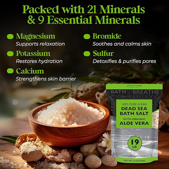 Aromasong 19 lbs RAW Dead Sea Salt with Organic Aloe Vera, not Cleaned, Still Contains All Dead sea Minerals Including Dead sea Mud, Fine Medium Grain Large resealable Bulk Pack - Packaging May Vary-BrightBean Baby