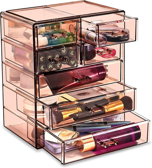 Sorbus Acrylic Makeup Organizer - Organization and Storage Case for Cosmetics Make Up & Jewelry - Big Clear Makeup Organizer for Vanity, Bathroom, College Dorm, Closet, Desk (3 Large, 4 Small Drawers)-BrightBean Baby