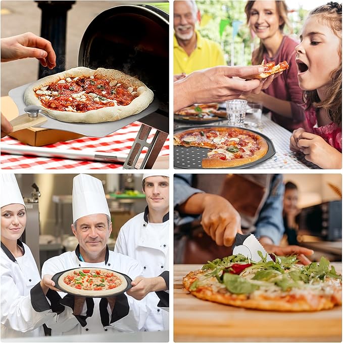 Pizza 7PCS Pizza Peel Pizza Pan Set, 12" x 14" Pizza Spatula, Aluminum Pizza Paddle with Rocker Cutter Scraper Pie Server Oil Brush, Pizza Oven Accessories, Baking Pizza, Dough, Bread & Pastry