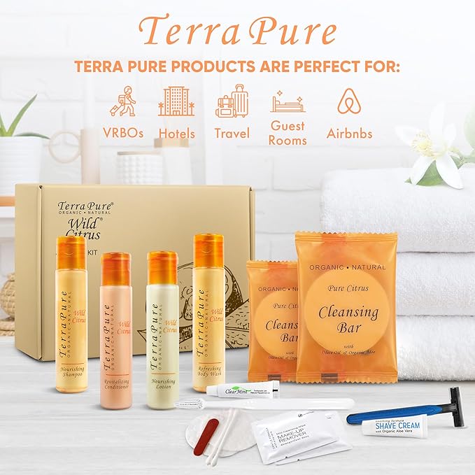 Terra Pure Amenity & Accessory Kit |1 oz Travel Size Shampoo, Conditioner, Lotion, Body Wash, 2 Cleansing Bars, Shave & Dental Sets, Make-Up Remover Wipes, & Vanity Kit | 15 sets per case-BrightBean Baby