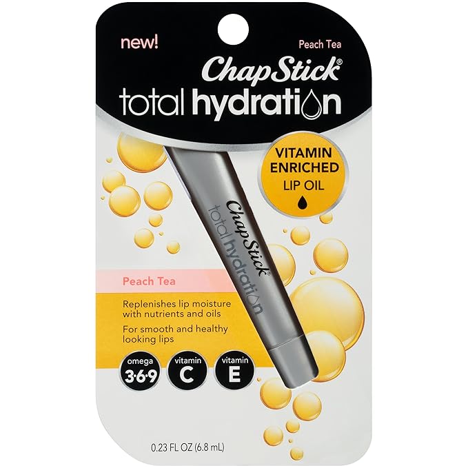Chapstick Total Hydration Vitamin Enriched Lip Oil, Non Tinted, Vitamin c, vitamin E, Contains Omega 3 6 9, Peach Tea Flavor, 0.23 Fl Oz (Pack of 1)-BrightBean Baby