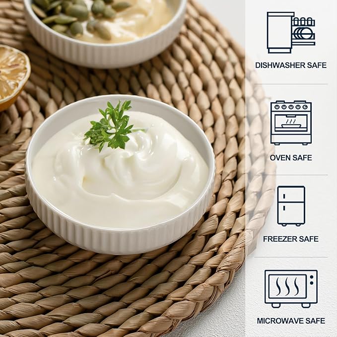 3 Oz 8 Pack Dipping Bowls Set - Ceramic Dipping Sauce, Soy Sauce Dish, Side Dish, Small Serving Bowls for Kitchen, BBQ, Condiments, Appetizer, Dessert, Sushi, Party - White Japanese design