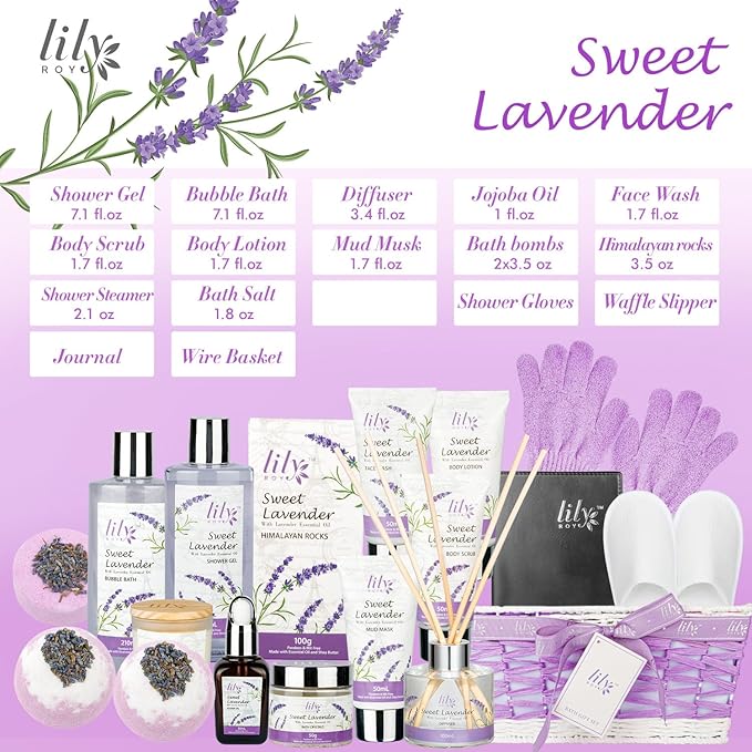 Mothers Day Gifts for Mom - 18-Piece Luxury Bath and Body Gift Set for Women, Lavender Spa Gift Basket with Bath Bomb, Diffuser | Self Care, Christmas Birthday Gifts for Her, Bridal Shower Pamper Kit-BrightBean Baby